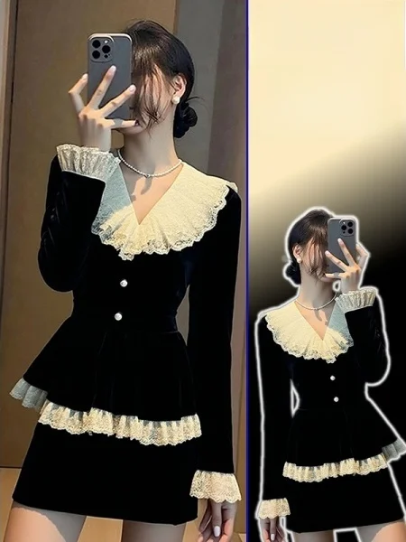 

Женская блузка больших размеров с черным кружевом, V-образным вырезом, утягивающая талию, модная, в нежном корейском стиле, с длинным рукавом, повседневная.