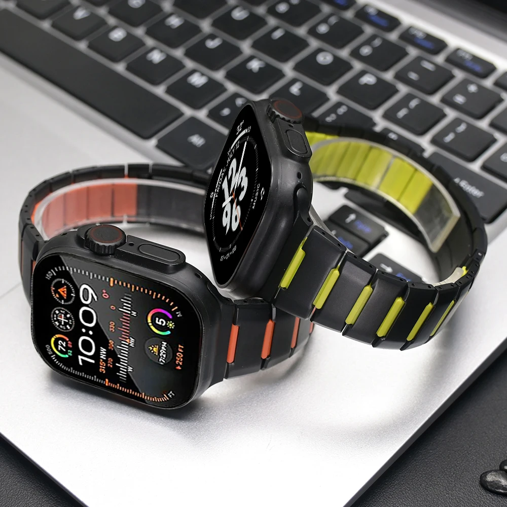 

Резиновый ремешок из нержавеющей стали для Apple Watch Ultra 3, 49 мм, 46 мм, 45 мм, 44 мм, металлический браслет для iWatch Series 11, 10, 9, 8, 7, 6, SE