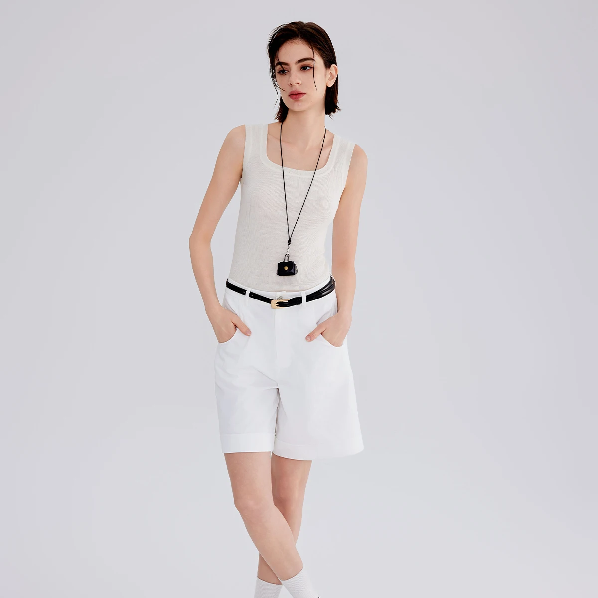 

TechSavvy High Waist Bermuda orts Ultra Cotton Feel Folr Waist Belt Included Straight Leg Zipper Closure Summer 2025