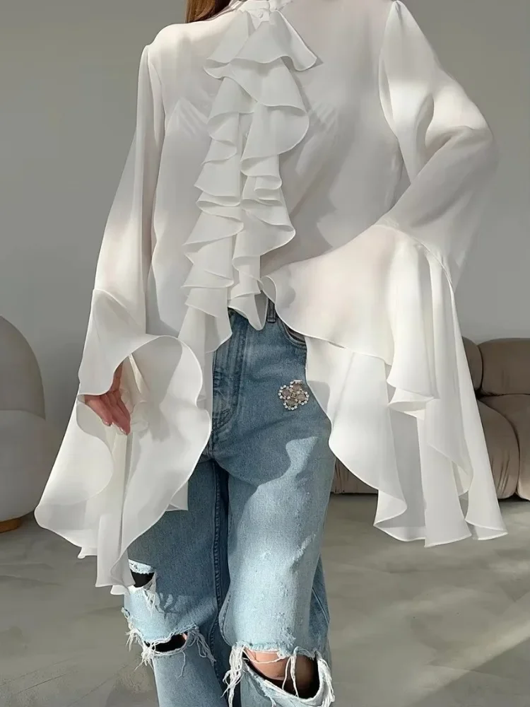 

Elegant Women Ruffle Blouse Flare Sleeve Open Stitch Vintage Sweet Casual Retro Aymmetric Hem Long Sleeve Shirts Autumn 2025