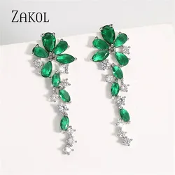 ZAKOL Shiny AAA Cubic Zirconia Flower Dangle Earrings for Women Fashion Green Crystal CZ Bridal Earring Dinner Wedding