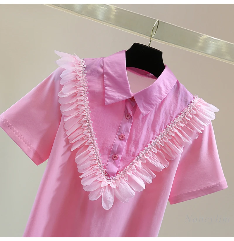 Petal Lapel Short-sleeved T-shirt Ladies 2025 Summer Korean Version Lace Splicing Pink Top Tees