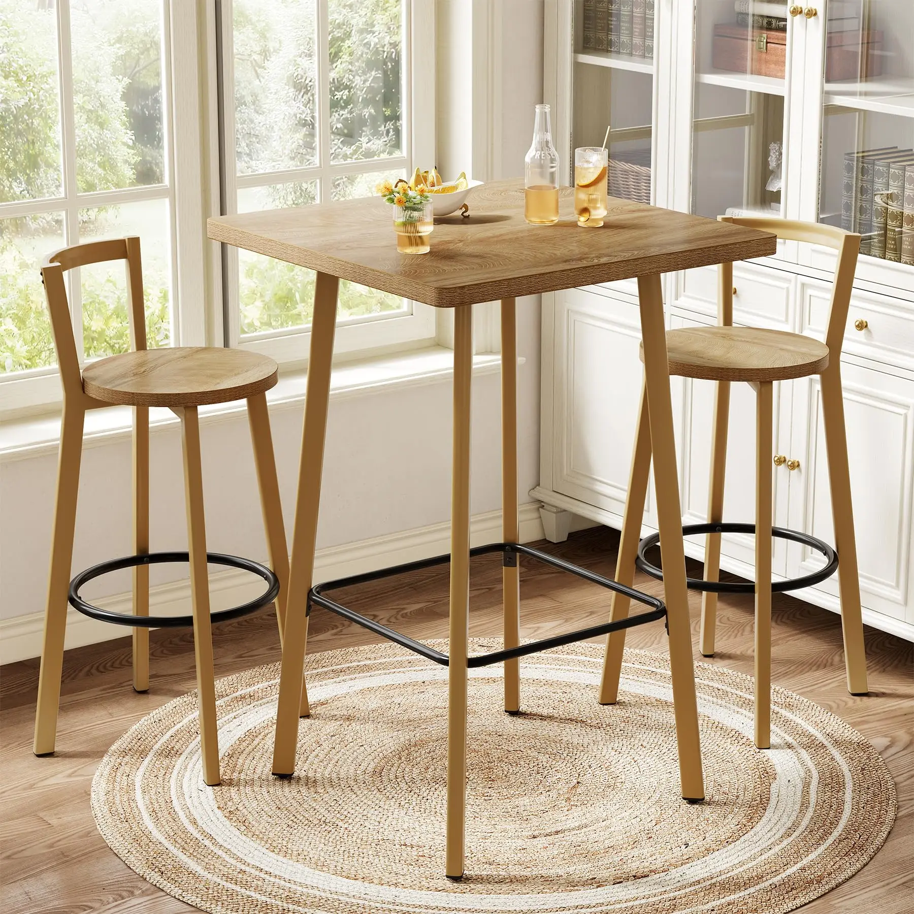 

Bar Table And 2 Chairs Set, 39.4 Inch Square Bistro Pub Table With Footrest, Oak Color For Dining Cafe Living Room