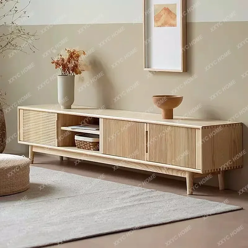 XX Solid Wood TV Stand Modern Simple Ash Wood Media Cabinet for Living Room Small Apartment Storage