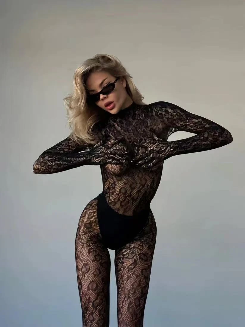 Sexy Lace See Through Bodysuit Long Sleeve Fishnet Jumpsuits Elastic Night Club Jump Suits for Women Sexy Pole Dancing Overalls