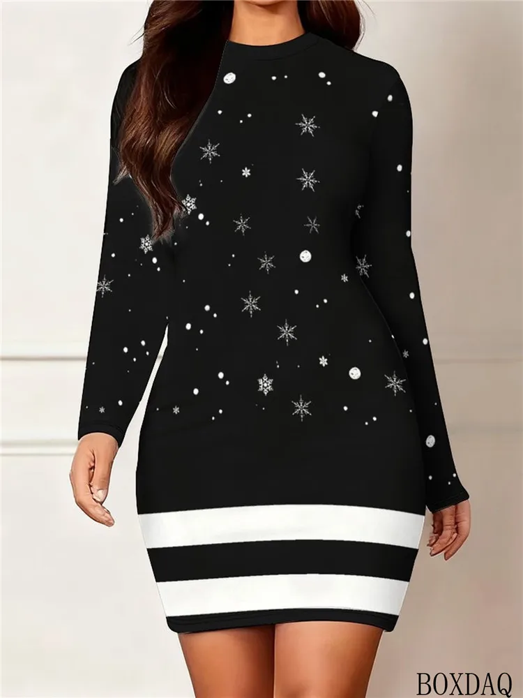 Women's Long Sleeve O-Neck Autumn/Winter Christmas Bodycon Dress Snowflake Striped Hem Print Dresses New Year Women's Clothing