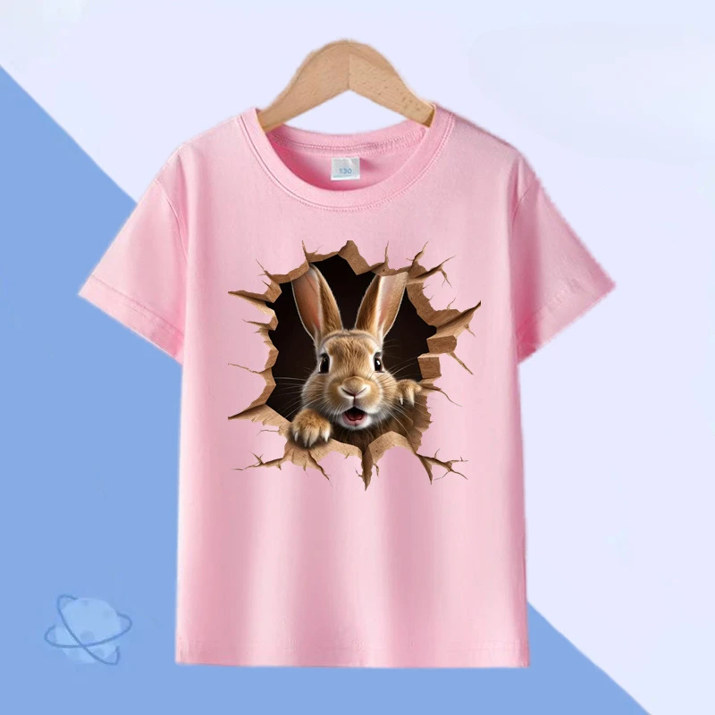 T-shirt de coelho fofo tridimensional masculina e feminina, manga curta, moda família animal fofa