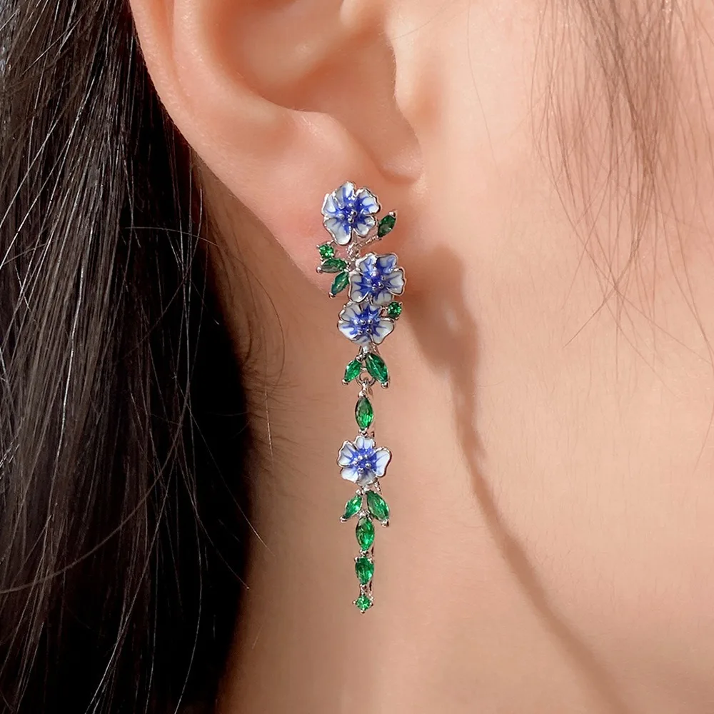 Vintage Temperament Blue Drop Glaze Flower Green Zircon Long Earrings for Women Romantic Dangle Earrings Stainless Steel Jewelry