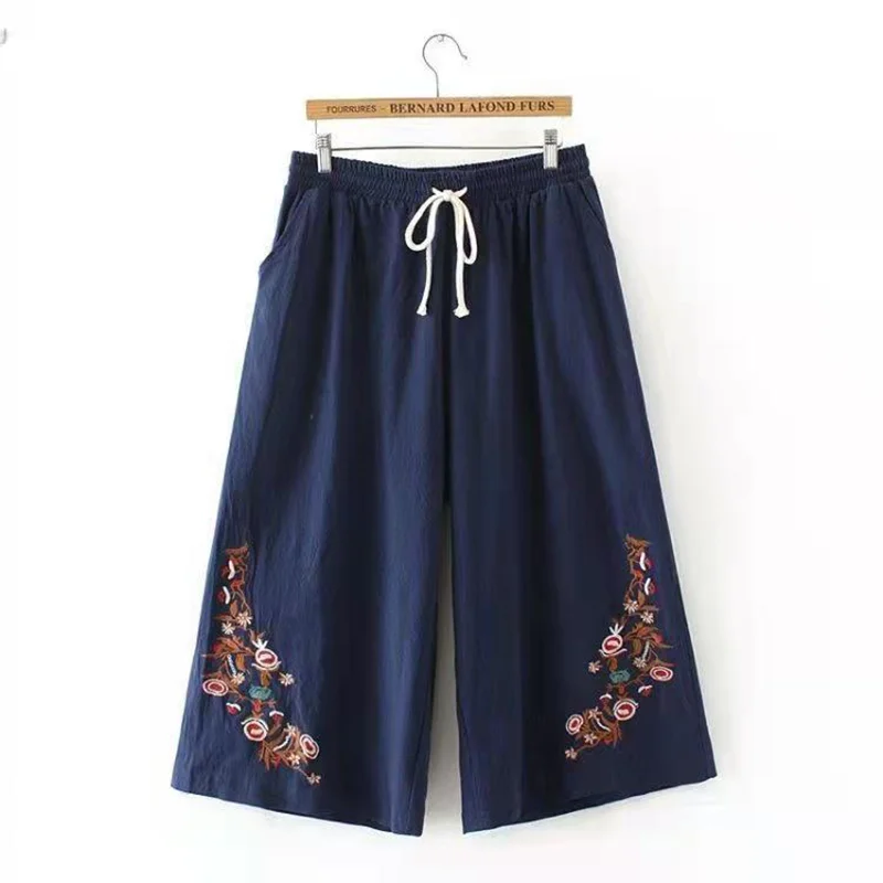 New Summer Cropped Pants for Women Retro Literary Embroidery Floral Cotton Linen Pants Woman 2022 Casual Beach Trousers