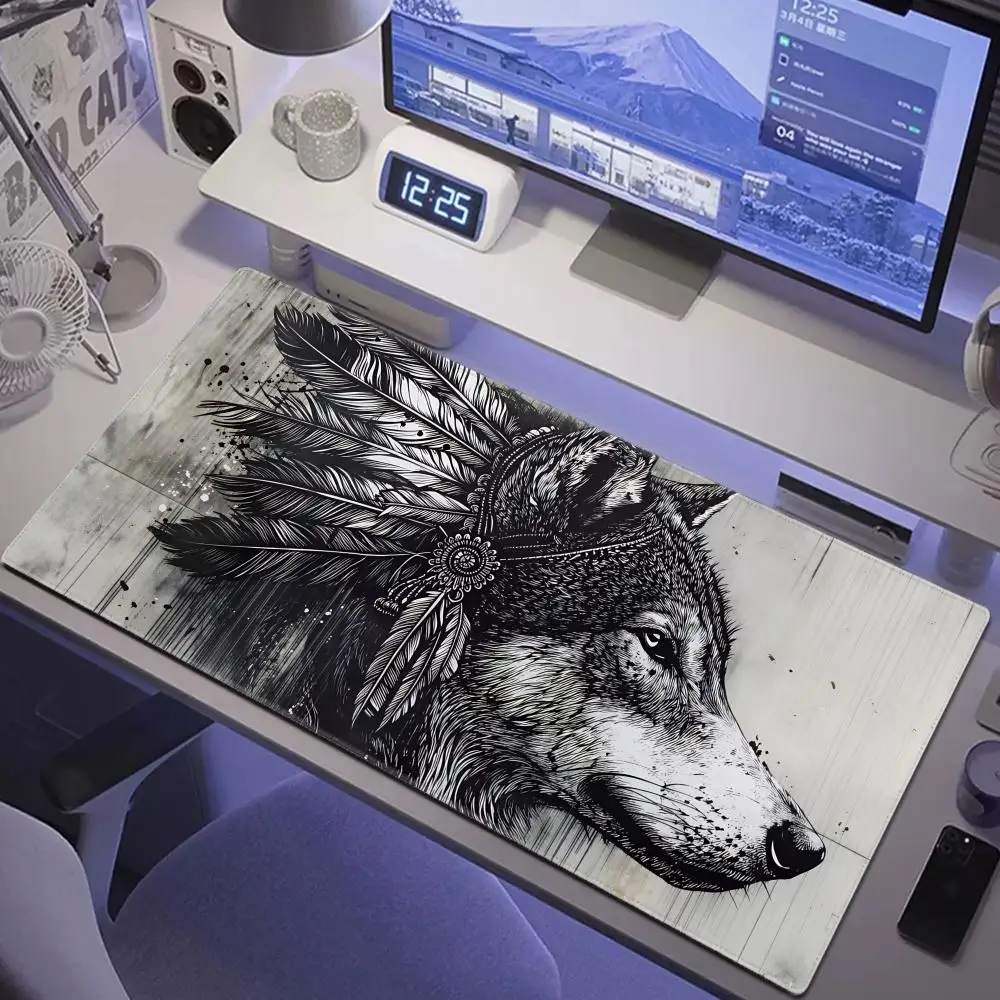 

HYBXAXC Feather Headdress Wolf Large Mouse Pad, Grayscale Tribal Art Extended Desk Mat, 2D Printing Office Gaming Decor