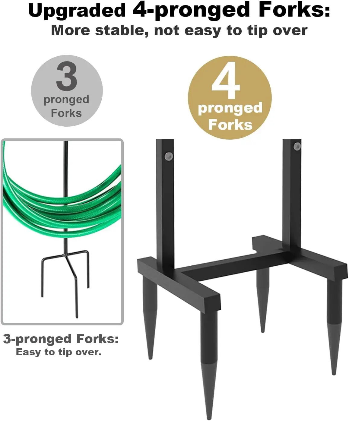 屋外ガーデンホースホルダー、自立式、4つのスパイク付き、頑丈な金属製ウォーターホースリールスタンドハンガーラックオーガナイザー、収納可能
