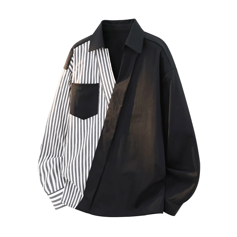 Men Irregular Diagonal Wrap Shirt Color Block Blue Striped Splicing Lapel Loose Oversized Long Sleeve Casual Blouse