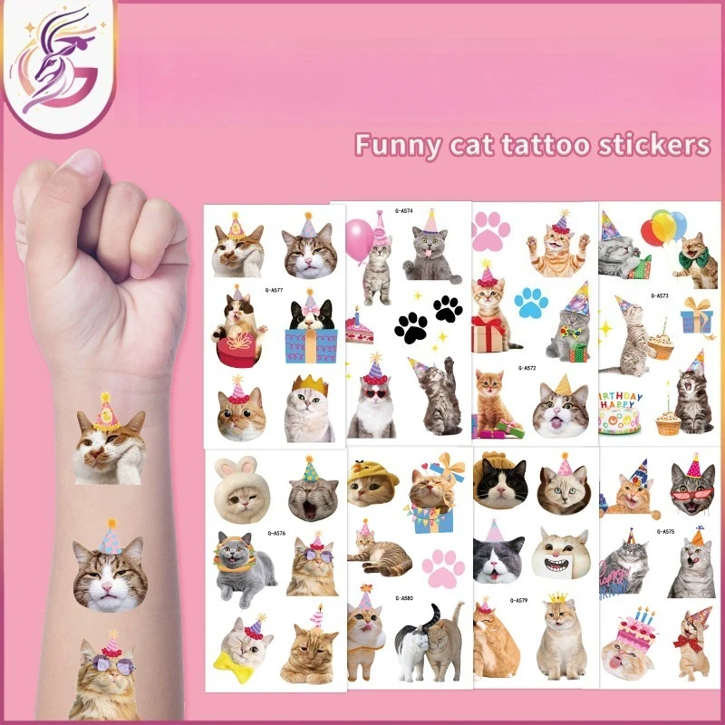 

Cat Tattoo Stickers Bulk Set Whimsical Kitten Balloon Designs Waterproof Non Toxic for Kids Birthday Party Favor Decorations