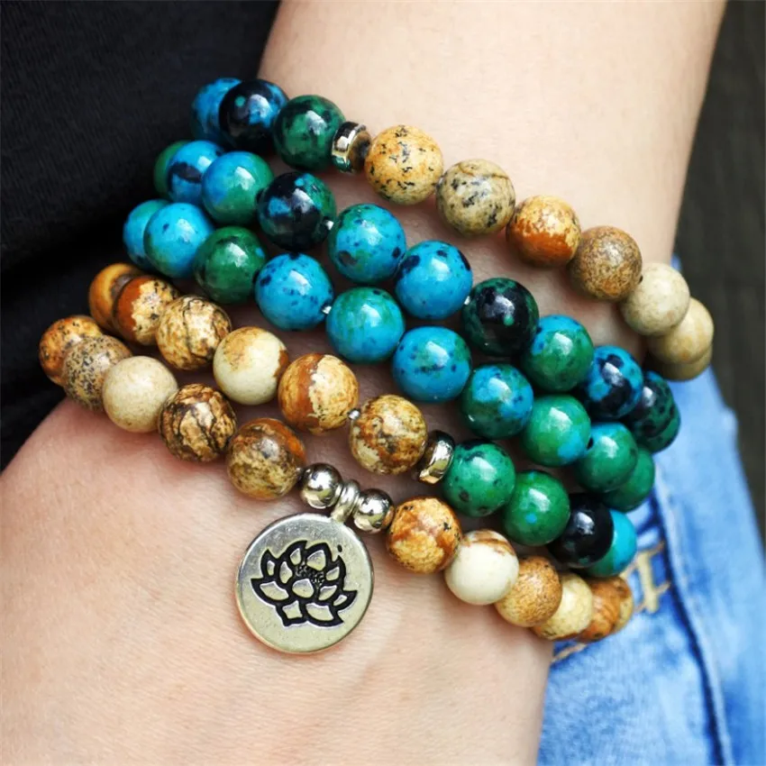 

6mm African Turquoise Picture Stone Lotus Pendant Necklace Link Stackable Trendy Charm Bangle Mala