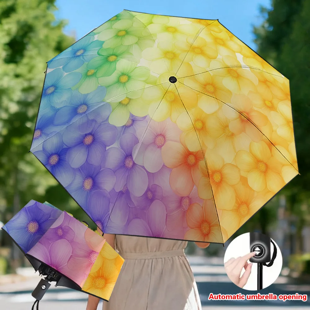 1pc 's Open/Close Umbrella - Pastel Rainbow & Multicolor Watercolor Flower Design, 8-Rib Reinforced Frame, Portable Folding Um