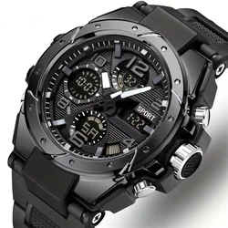 Rugged Dual Display Men's Sports Watch - Automatic Quartz & Digital, Black Alloy Case, TPU Strap, Chronograph & Alarm, Multifunc