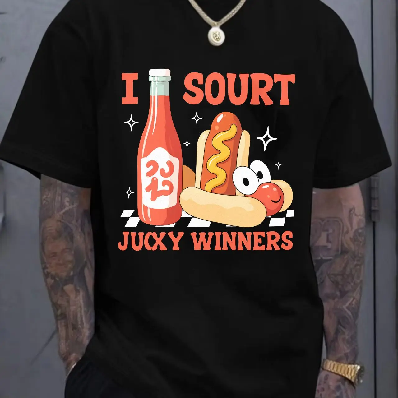 

Футболка с графическим дизайном I SOURT JUCKY WINNERS — белая футболка с круглым вырезом и короткими рукавами с мультяшным хот-догом и горячим соусом, игривый Whi