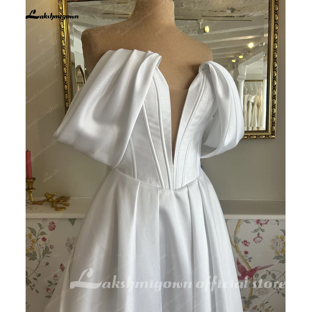 Lakshmigown Schulterfreies Hochzeitskleid 2027 mit Ärmeln, tiefem Ausschnitt, schlichtem Satin, trägerlos, maßgeschneidert – Detail 7