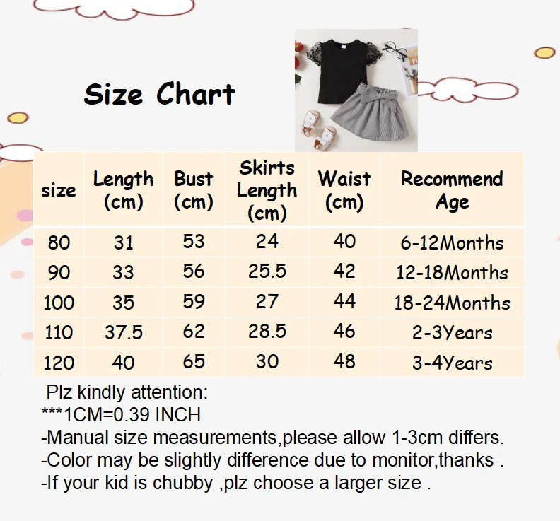 1-4 Years Toddler Baby Girl Fashion 2Pcs Summer Outfit Set Kids Girl Bubble Short Sleeves Blouse + Plaid Skirt Princess Dress fo