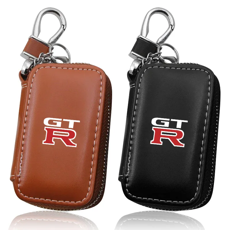 1Pcs Leather Emblem Car Key Case Keychain Zipper Key Case Bag for Nissan GTR X-trail Tiida Qashqai J10 J11 Leaf Kicks Hub Caps