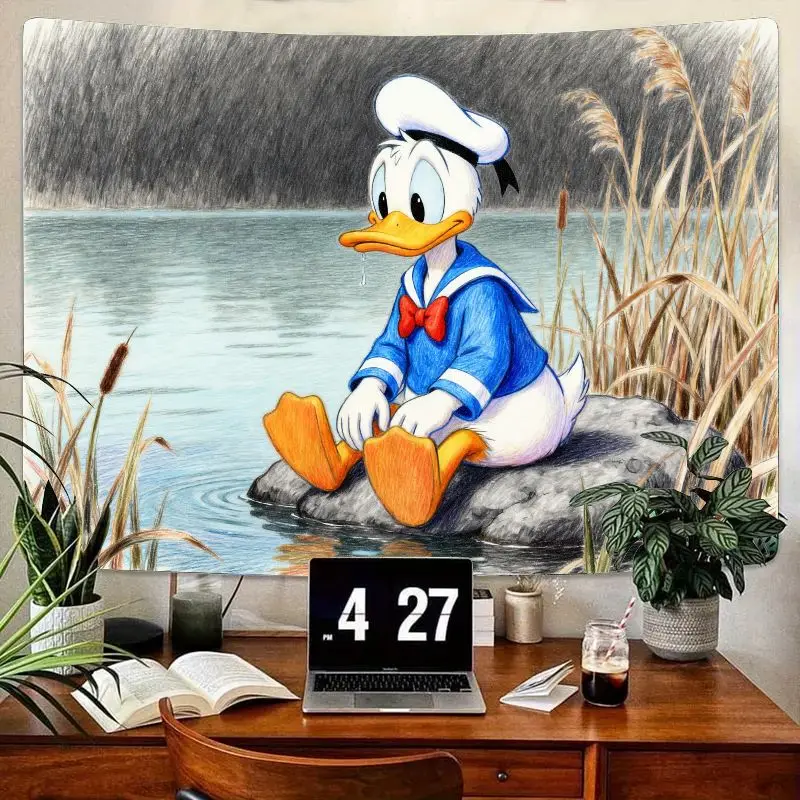 

1 шт., полиэстеровый гобелен с изображением Дональда Дака Диснея, настенное искусство с героями мультфильмов для спальни, гостиной, декора в общежитии, современный подарок в стиле иллюстрации