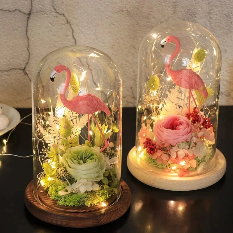 Imitation Flower Glass Cover with Wooden Base Dome Cover for Succulent Plants Home Decor DIY Figure Doll Display Box Dust Cover