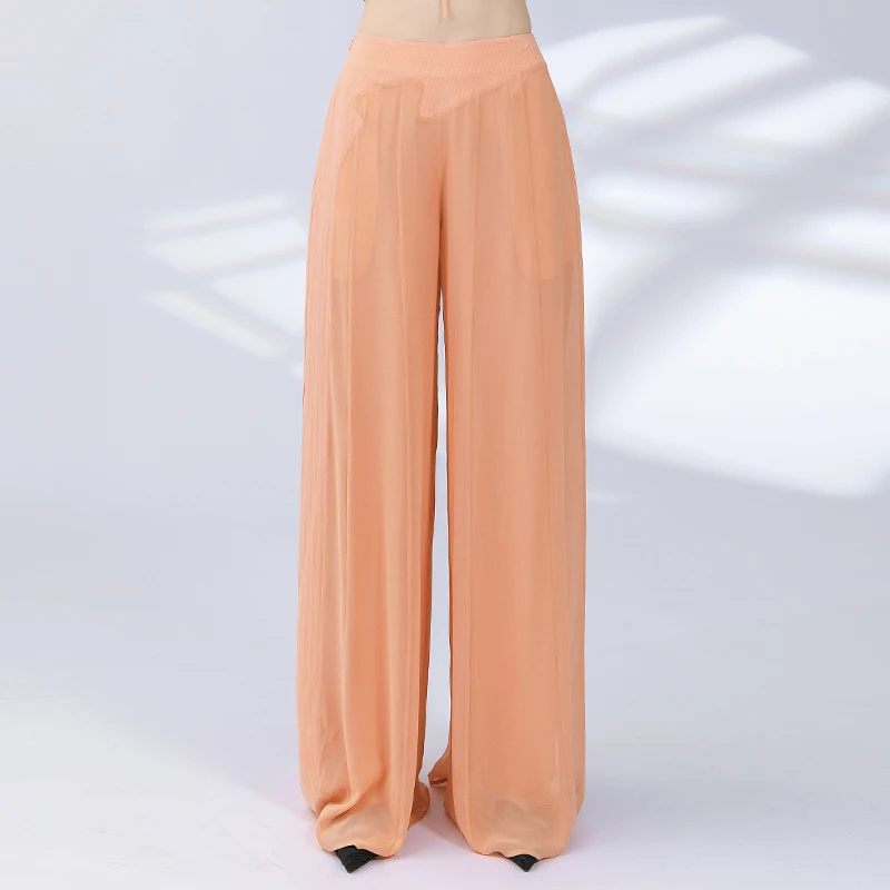 

100% Heavyweight Silk Vertical Strip Texture Asymmetric Stitching Georgette Silk Woman Pants Pink Wide Leg Trousers Summer KY060