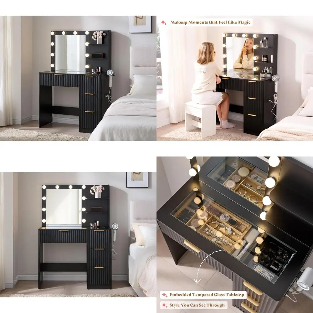 Grande scrivania scanalata a 4 cassetti con piano in vetro, luci a LED e stazione di ricarica per il trucco