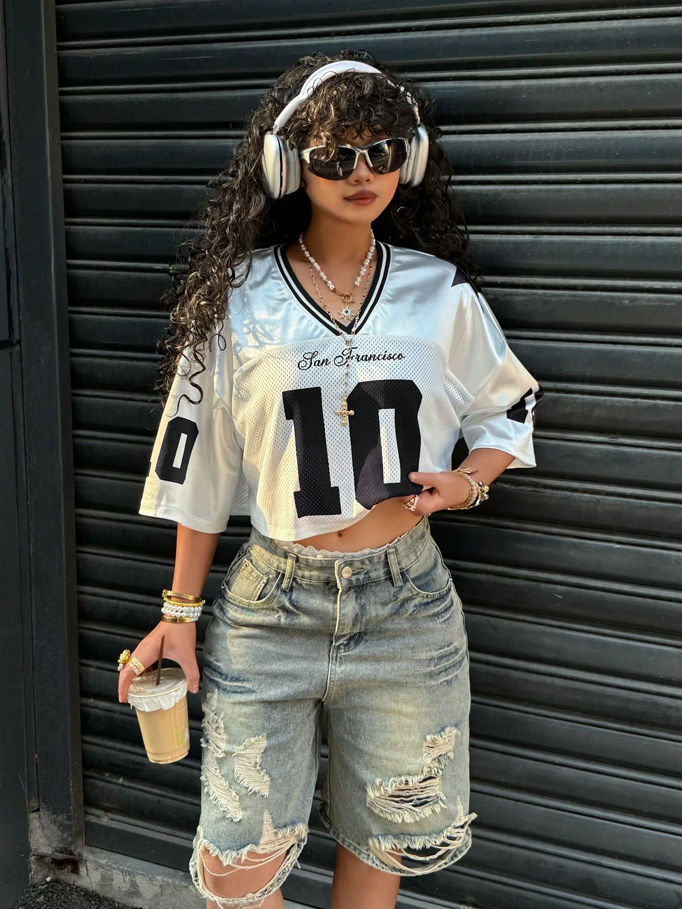 2025 Summer Women's Y2K Fashion Casual Sports Shirt American No. 10 Jersey V-Neck Loose Casual Breathable Quick Drying T-Shirt