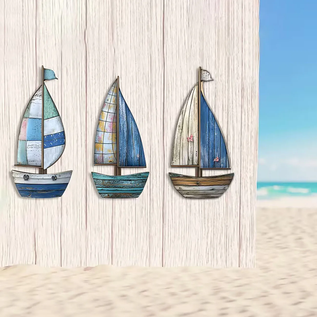 3Pcs Rustic Sailboat Wooden Wall Decor with Nano Tape, Coastal Nautical Wall Art