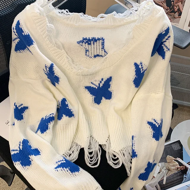 Nowy damski luźny sweter koreański moda graficzny motyl sweter z dzianiny kobieta słodkie ponadgabarytowe przycięte topy z odkrytymi ramionami