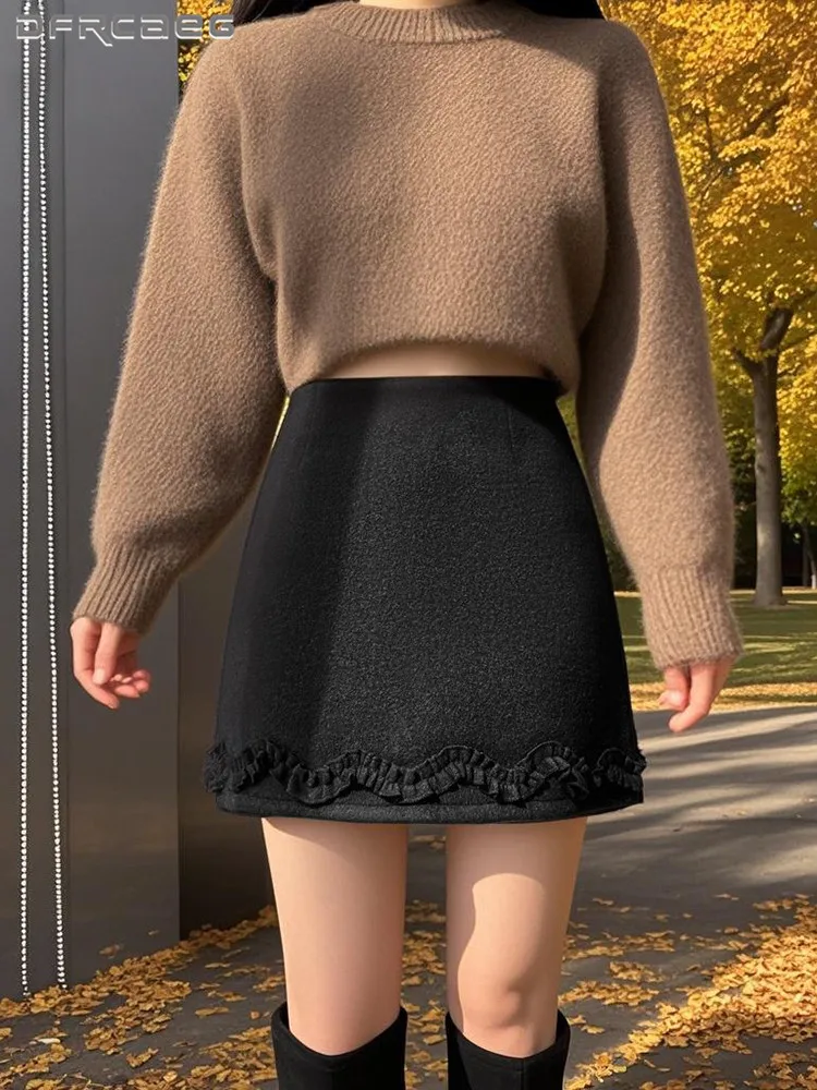 

Autumn Winter Thickened Wool A-Line Skirt With Ruffle Hem High Waisted Gray Slim Office OL Pencil Midi Skirt For Woman