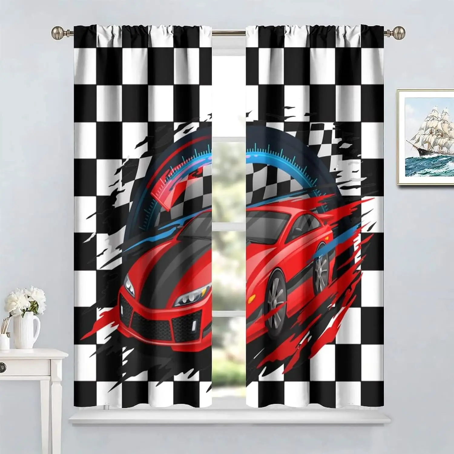 Racing Car Decorative Window Curtains, Race Car Competition Extreme Sports Red Automobile Decorative Curtain Rod Pocket Window