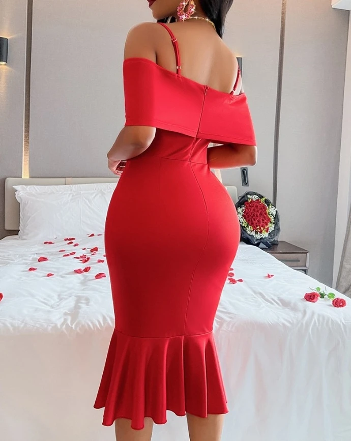 Women's Fashion Sexy Bowknot Design Bodycon Elegant Dress Plain Off Shoulder Spaghetti Strap Midi Skinny Party Mermaid Dresses