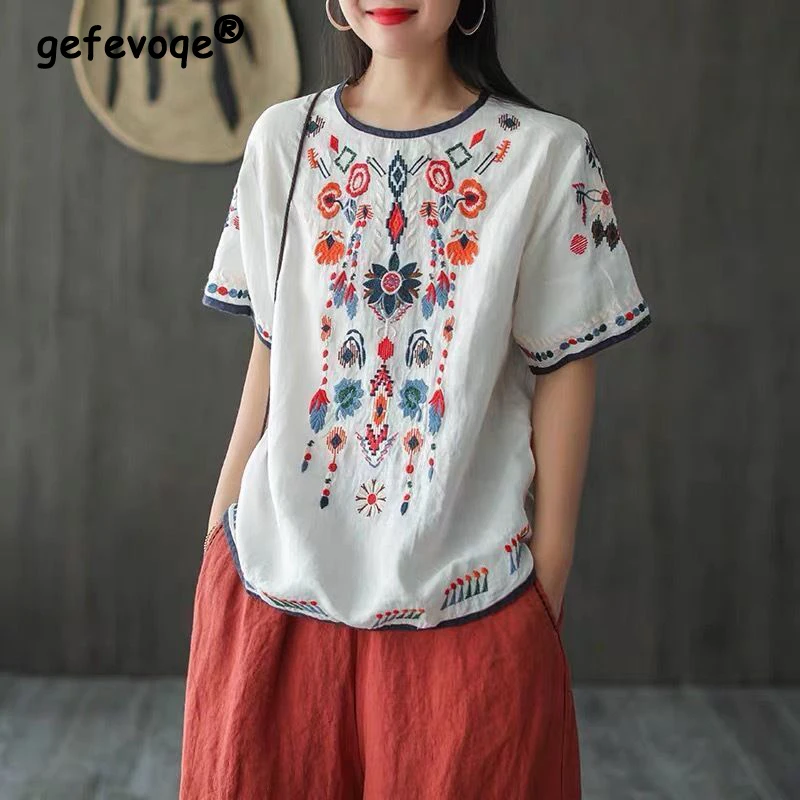 Blusa bordada estilo étnico vintage feminino, blusa de linho algodão, casual, solta, manga curta, férias de verão, todas as camisas