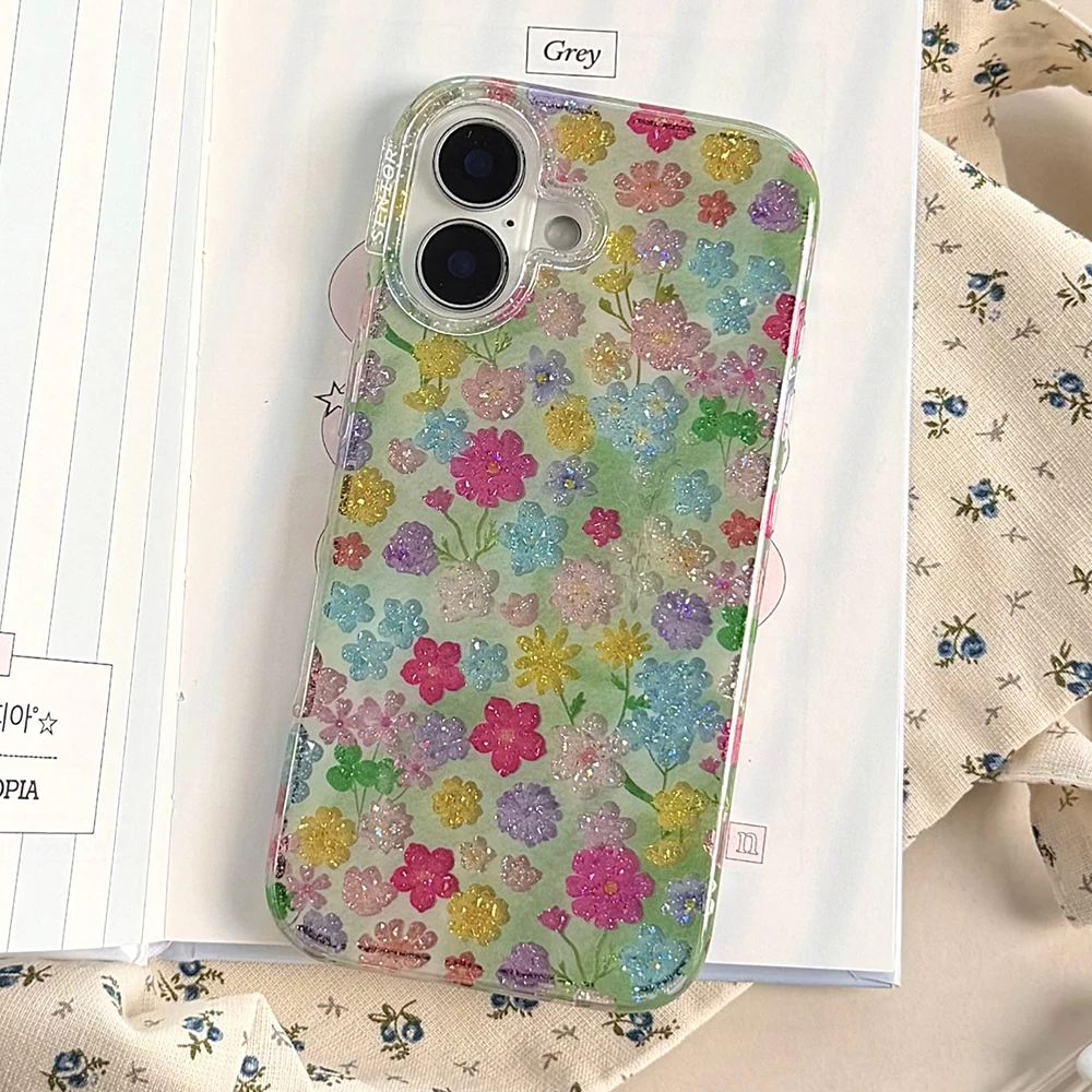 Spring Retro Glitter Colorful Flower Shockproof Protective S