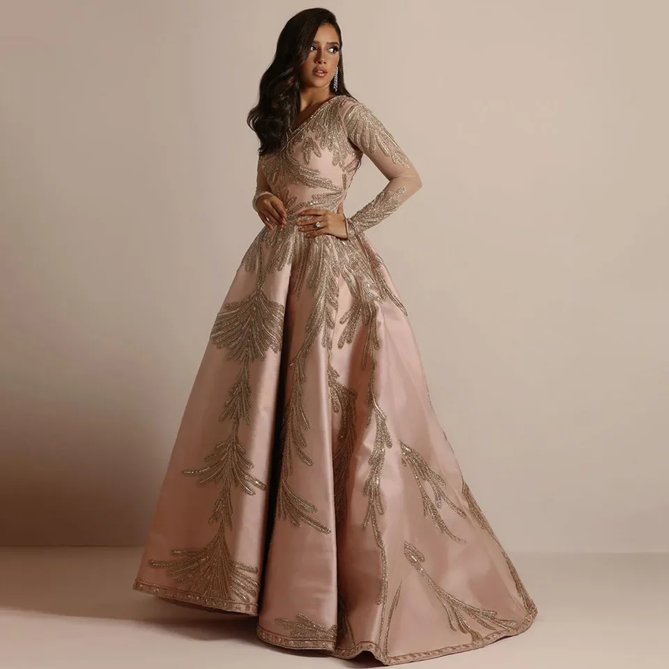 

2025 New V-Neck Long-Sleeve Embroidered Evening Gown With Elegant Leaf Pattern - Banquet Dress For Women