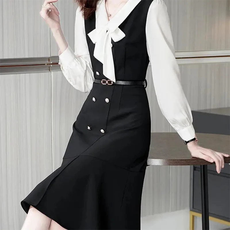 Women's Spring Autumn Fashion Retro Foreign Style Fake Two-Piece Long-Sleeved Dress Ladies