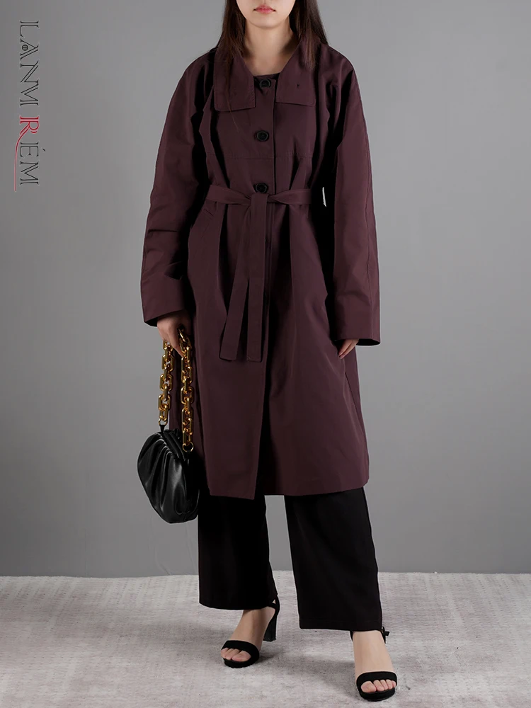 

[LANMREM] Office Lady Mid Length Windbreker Women's Lapel Long Sleeve Single Breasted Elegant Trench Female Coat 2025 Spring New