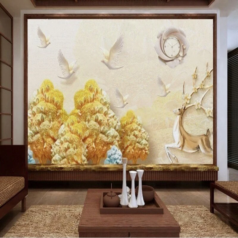 Nordic-Style Chinese Relief Oil Painting Of A White Crane And A Deer Wall-Mounted Clock And TV Background Decoration Painting