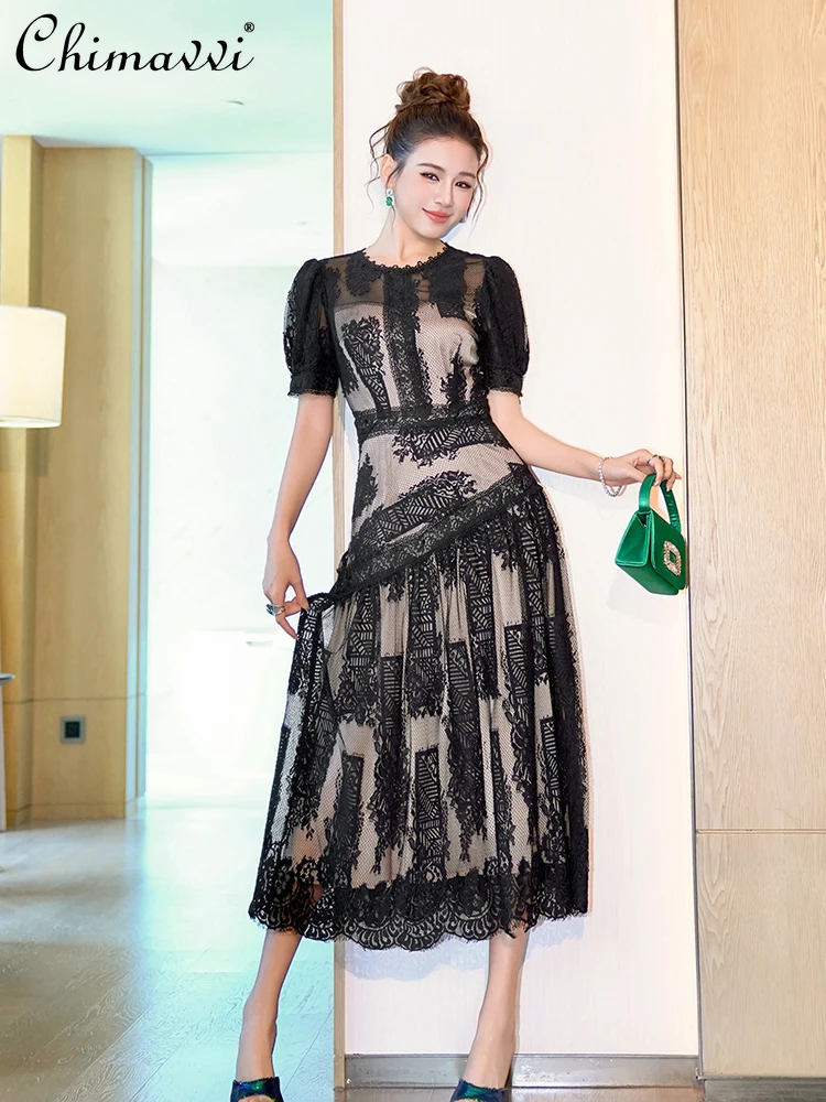 

French Elegant Hepburn Style Embroidered Lace Dress Women Socialite Round Neck Short Sleeve High Waist A-line Long Dress Summer
