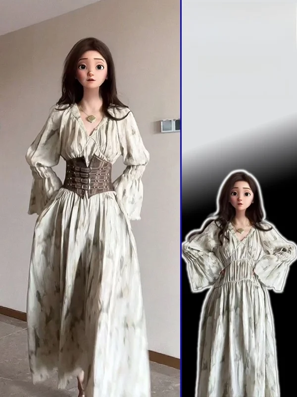 

Retro Sle Floral Print Empire Waist Dr with Bell Sves Women's plus Size Spring Faion Two-Piece Set High Waist