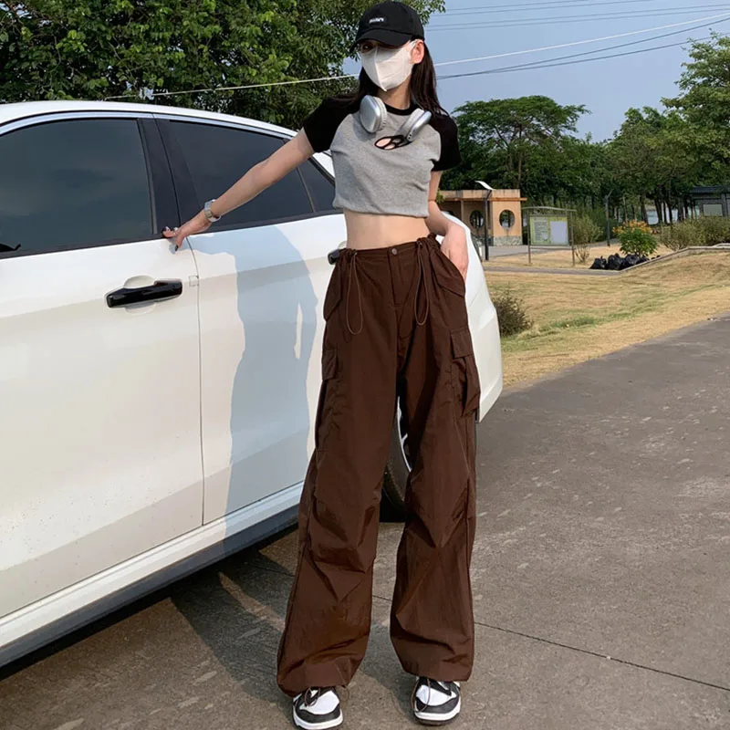 Y2K Brown Drawstring Cargo Pants Women Vintage Hip Hop Streetwear Baggy Pocket Wide Leg Trousers Summer Casual Straight Pants