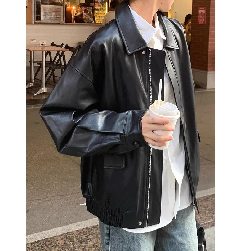 Retro Brown Leather Jaet Women's ort 2025 Autumn Korean Version Loose Motorcycle Jaet Cool Outerwear Polyester Fiber