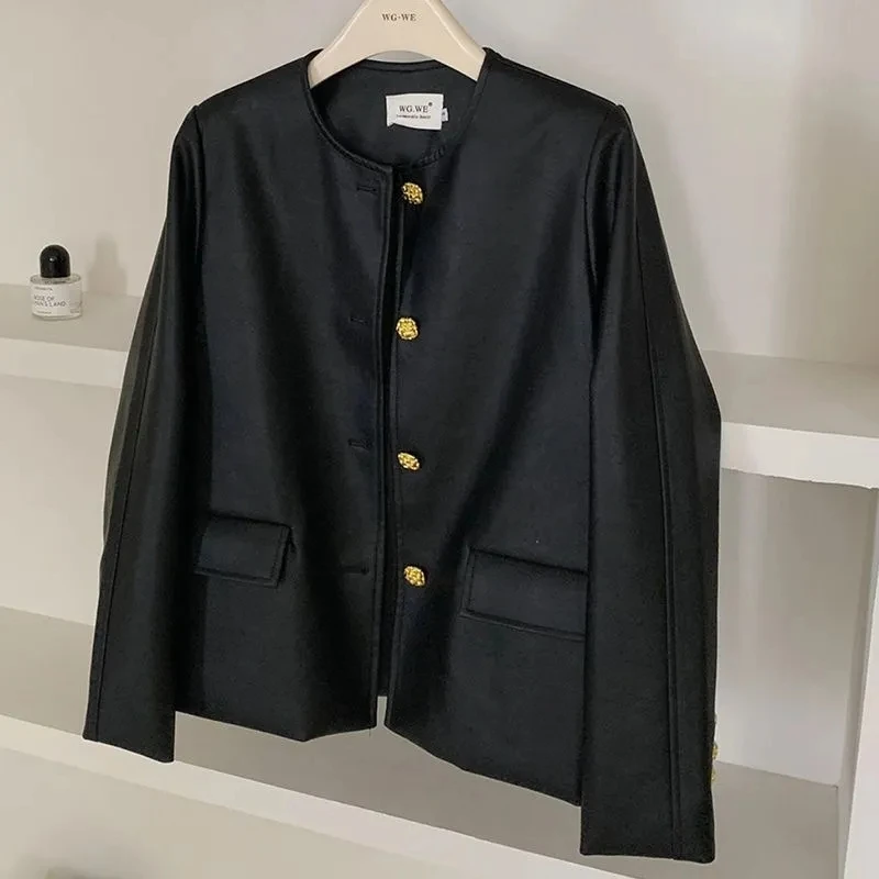 جاكيت نسائي أنيق من الجلد الصناعي الأسود، تصميم عصري للربيع والخريف، نمط كاجوال شعبي، فضفاض وذو إحساس راقي للسيدات #3