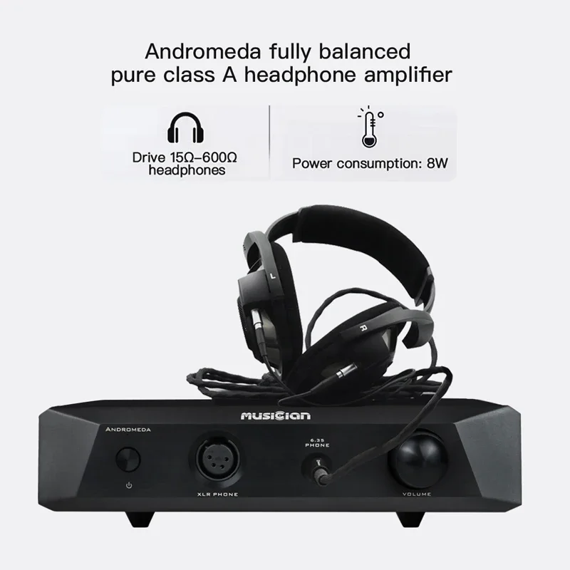 Músico Andromeda Amplificador de fone de ouvido Classe A pura totalmente balanceado 3 pinos 4 pinos XLR 6,35 mm 350 mW Saída 8 W 128dB Amplificador de fone de ouvido