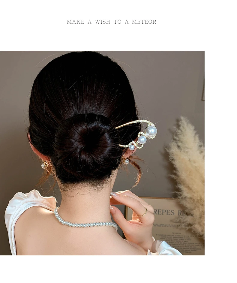 VANIKA Neue modische U-förmige Haarspangen aus Metall, elegante Perlen-Pferdeschwanz-Haarnadeln für Damen, schlichte Haarspangen, Kopfschmuck, Haaraccessoires – Detail 3