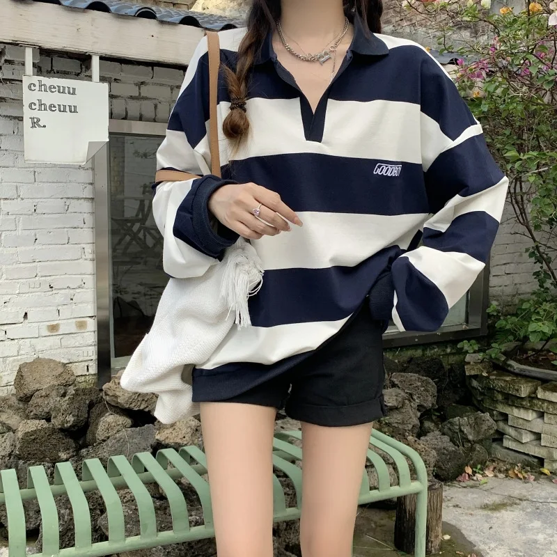 Harajuku Striped Y2k Sweatshirt Women Korean Style Preppy Pullover Female Fashion Polo Sweatshirt Ladies Casual Long Sleeve Tops