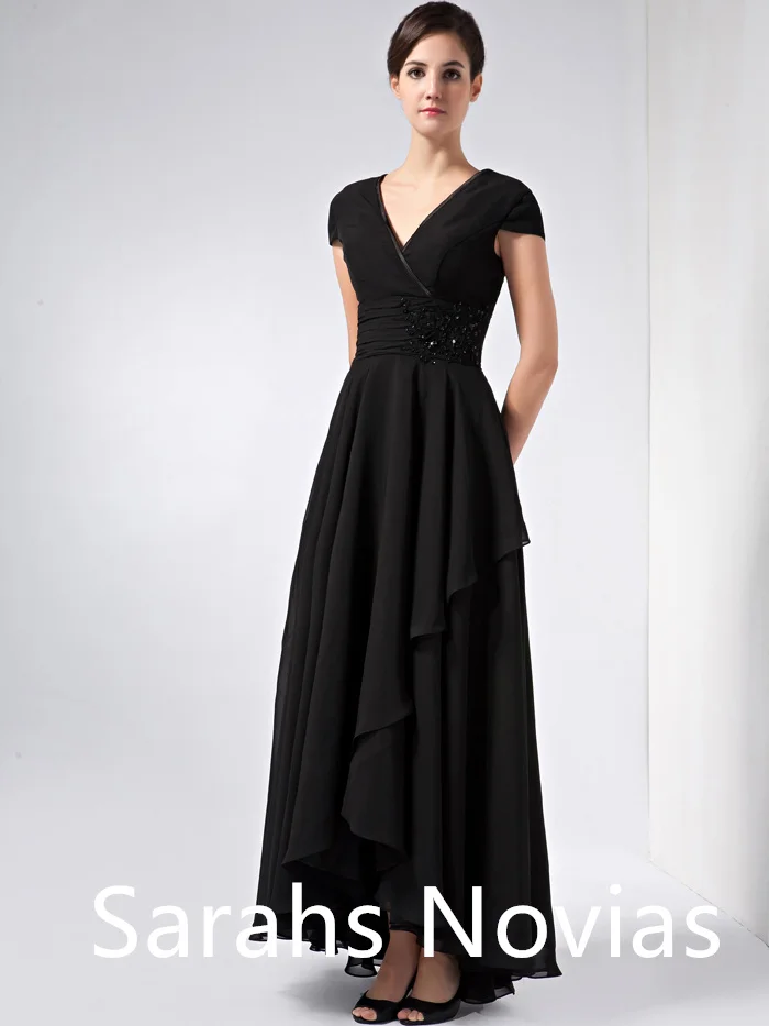 Simple Black High Low Chiffon Mother Of Bride Dresses With Cap Sleeves V Neck Summer Wedding Party Dresses For Bride's Mother