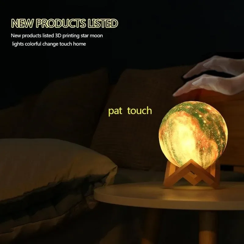 3D Printing Lunar Night Light Creative Gift Light Painting Moonlight Globe Ball with Wood Stand Base for Kids Bedroom Home Decor